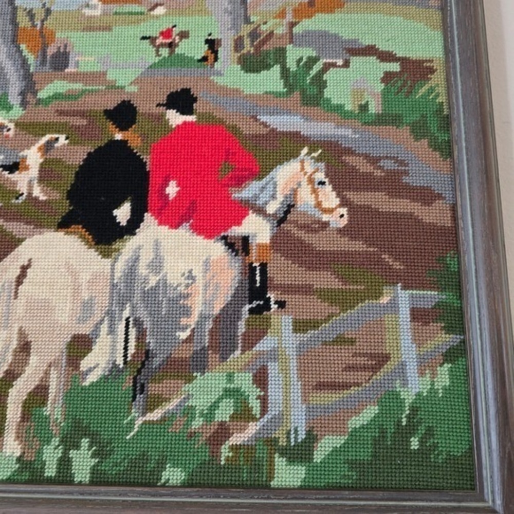 Vintage Framed Needlepoint Fox Hunt Equestrian Scene Wall Art Tapestry Decor - Picture 7 of 13